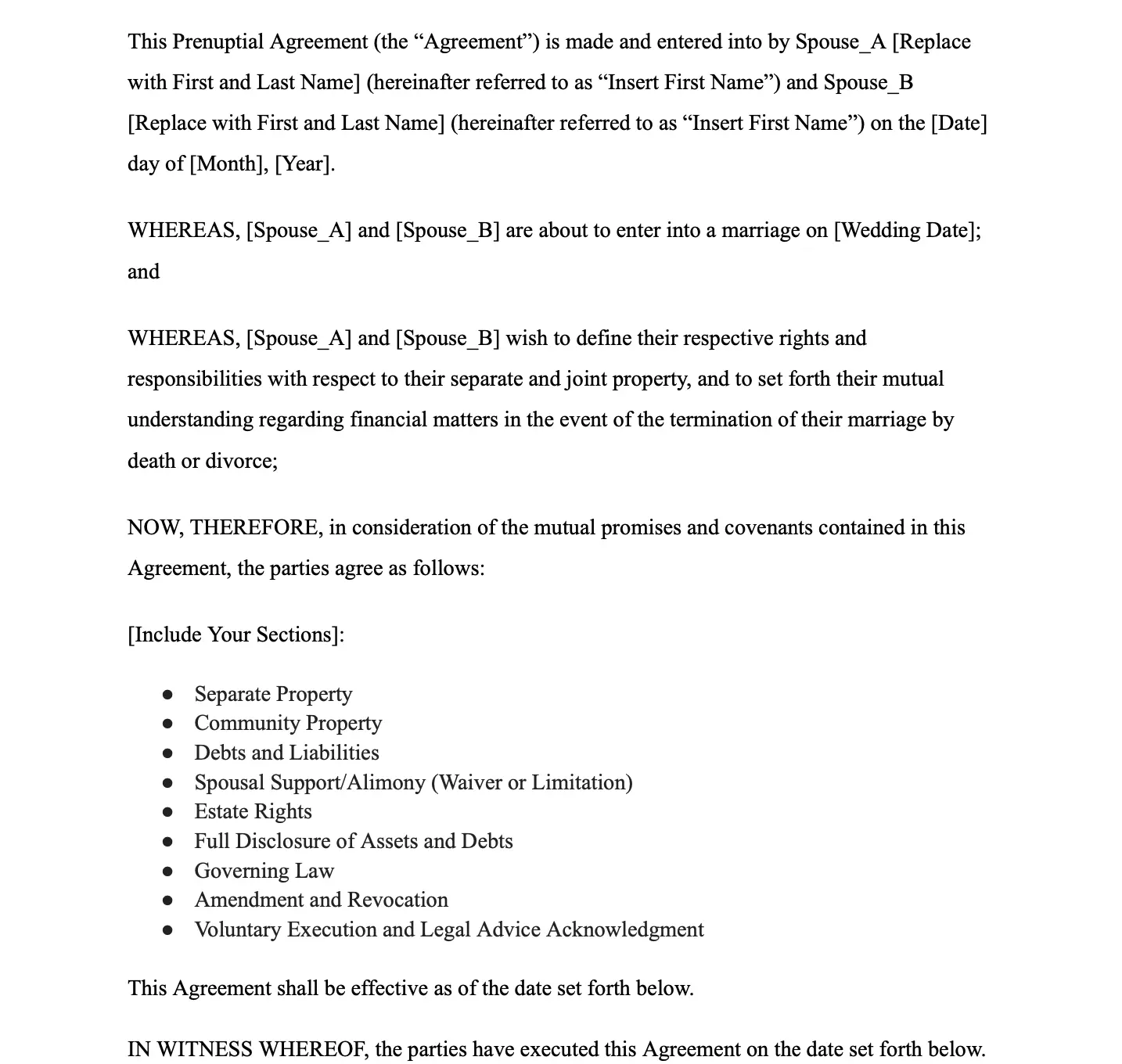 Prenuptial Agreement Template California