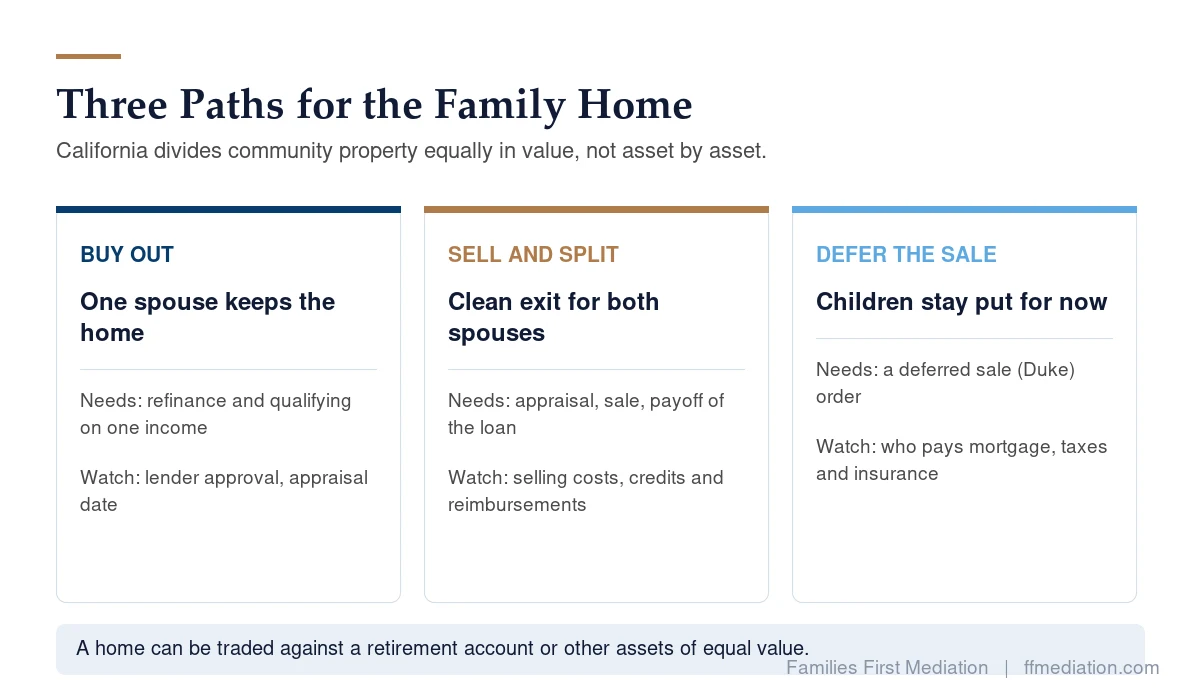 Three options for the family home in a California divorce: buy out the other spouse, sell and split the proceeds, or defer the sale with a Duke order.