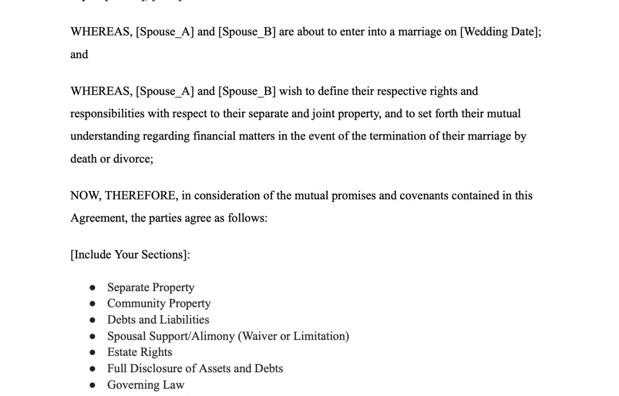Prenuptial Agreement Template California